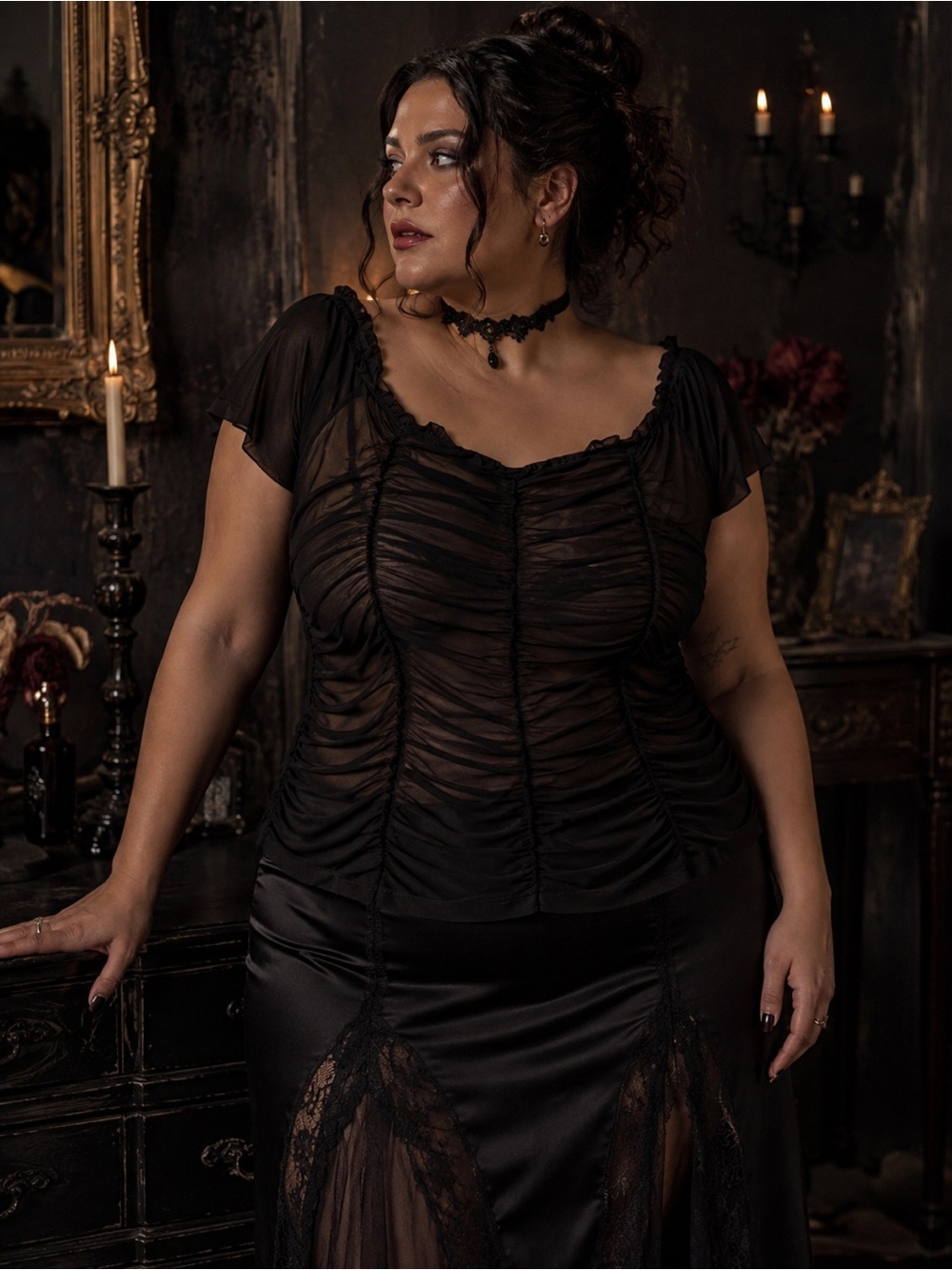 Torrid Y2K Grunge Goth Ruched Mesh Top Black Size 2 Plus Size Sheer Party Blouse